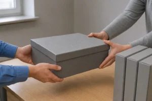Roke čez pisalno mizo predajo zaprto sivo arhivsko škatlo ob vrsti registratorjev